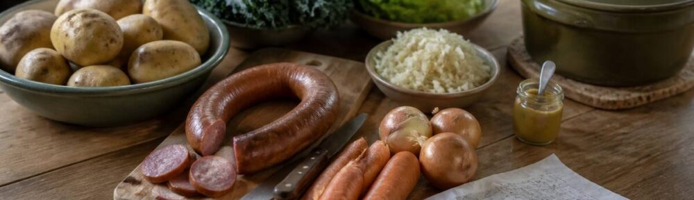 Ingrediënten voor stamppot op een keukentafel met aardappelen, groenten en smaakmakers
