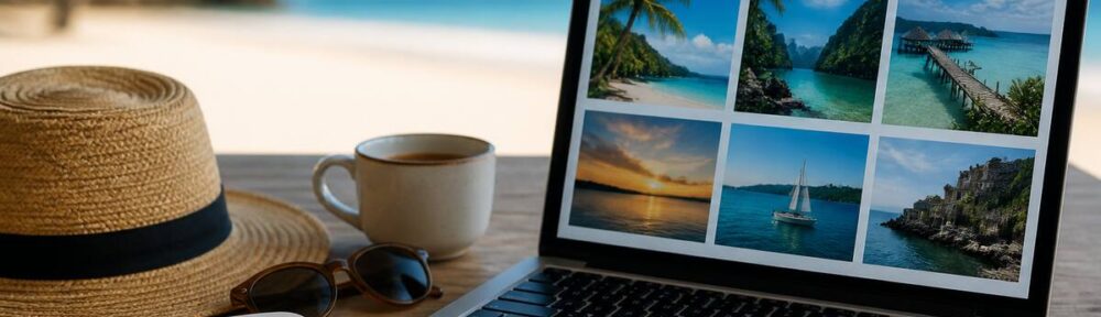 Reis-checklist en laptop voor het vergelijken van vakanties en aanbiedingen