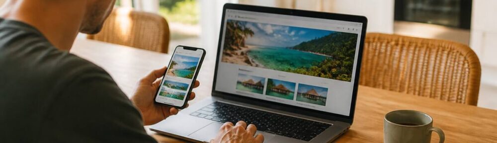Vakantie vergelijken met laptop en telefoon aan tafel