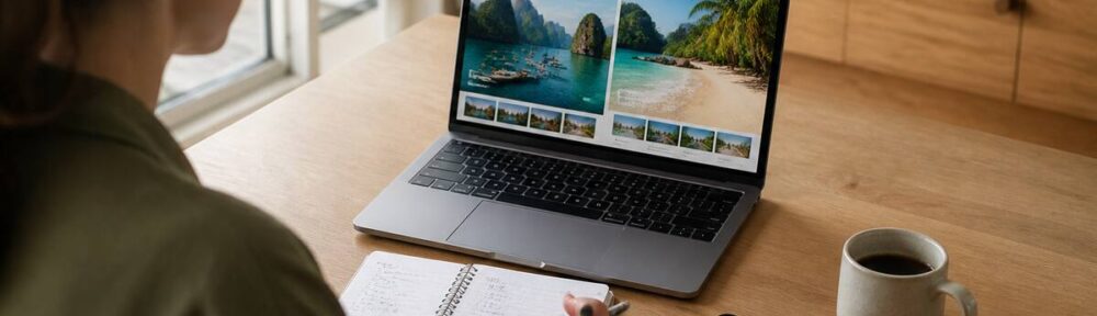 Iemand die vakanties en reizen vergelijkt op een laptop met reisinspiratie en notities